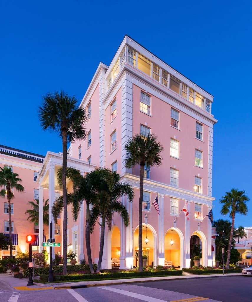 The pink exterior of the Colony Hotel