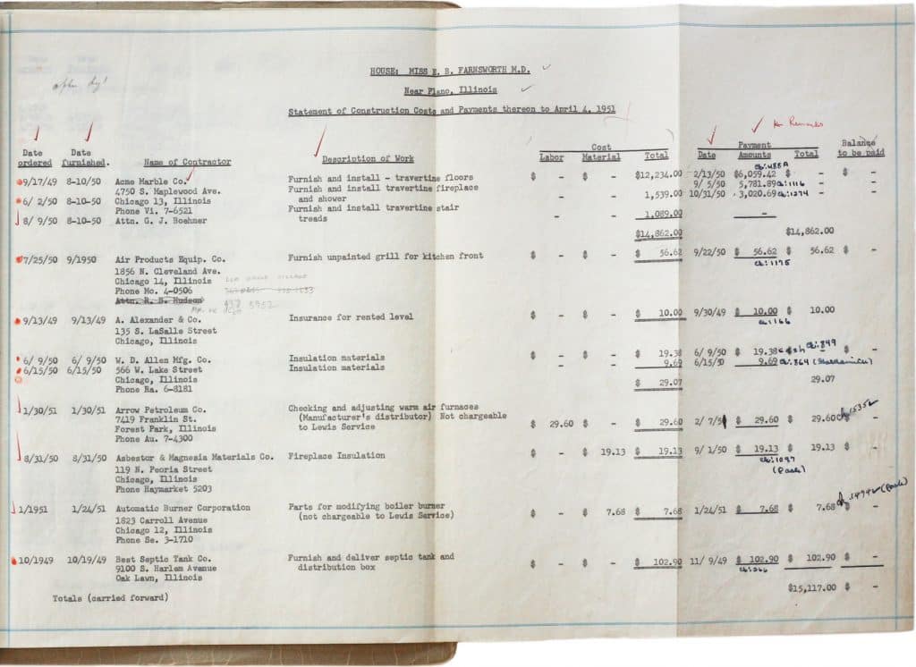 Mies van der Rohe Matthew Rachman Gallery Chicago Blues and Beyond blueprints Farnsworth House construction costs document