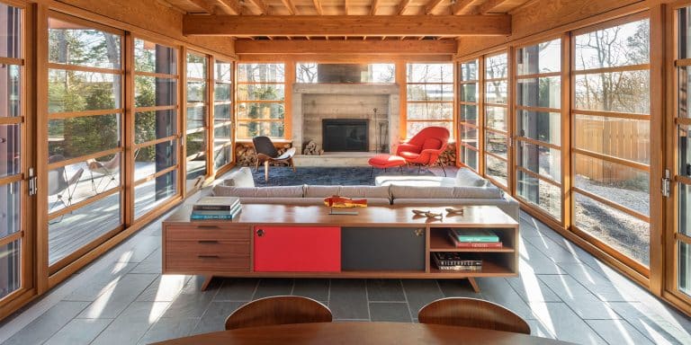 The open living room of a Shelter Island home, designed by Peter Bohlin and BCJ