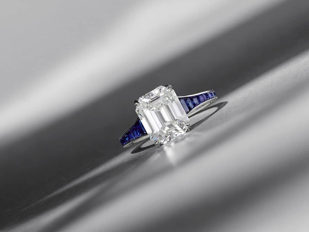 Hancocks 3.20 Carat Emerald-Cut Diamond Ring with Calibre-Cut Sapphire Band