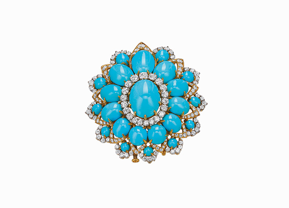 Bulgari Brooch in gold and platinum with turquoise and diamonds, ca. 1969