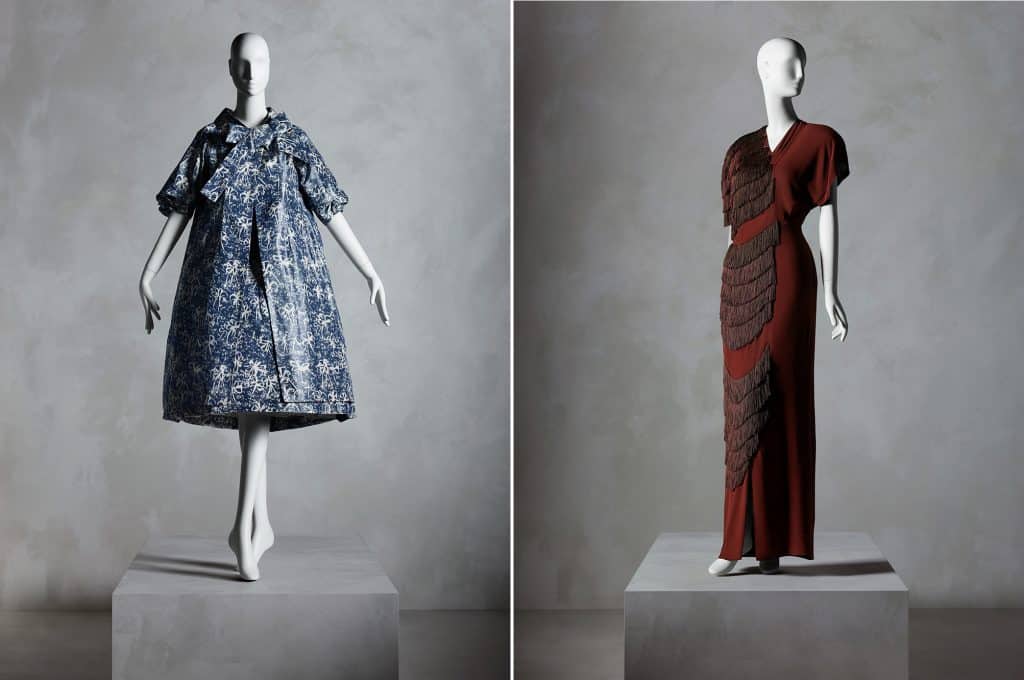 Left: Yves Saint Laurent for House of Dior ensemble, spring/summer 1958; Right: Gilbert Adrian evening dress, fall 1945