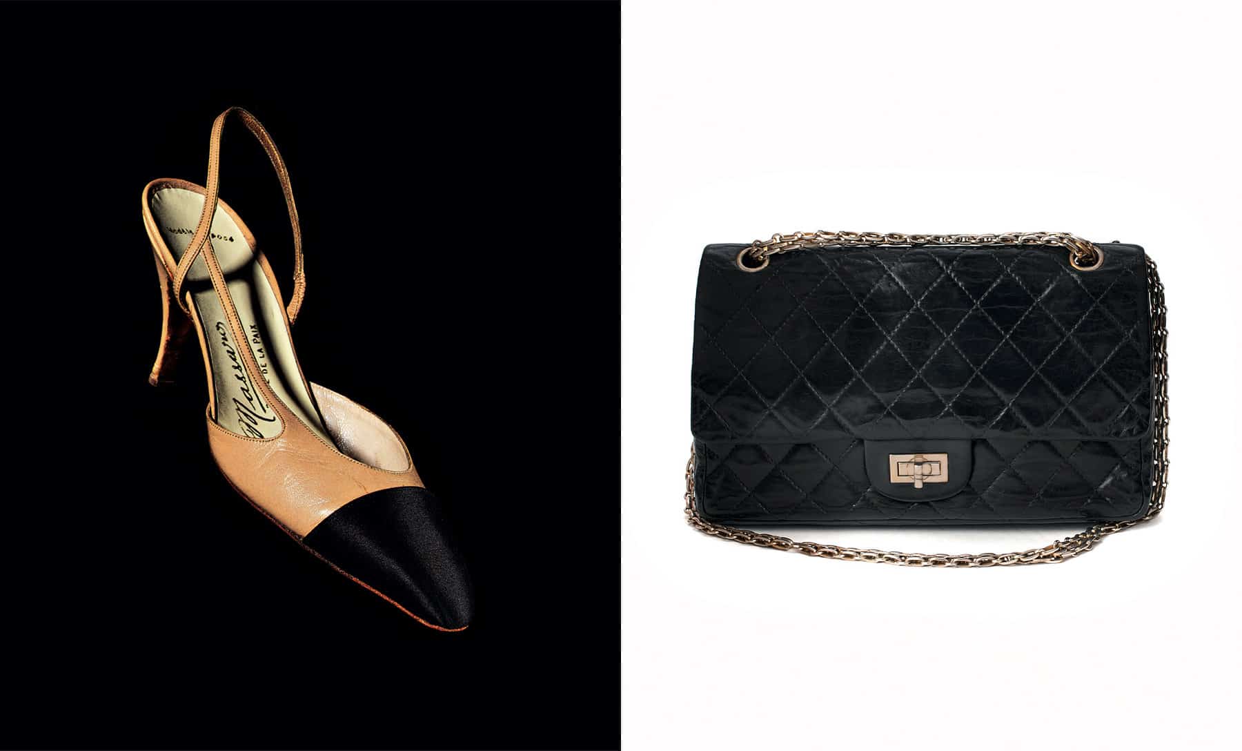 Chanel leather and satin shoes, quilted handbag
