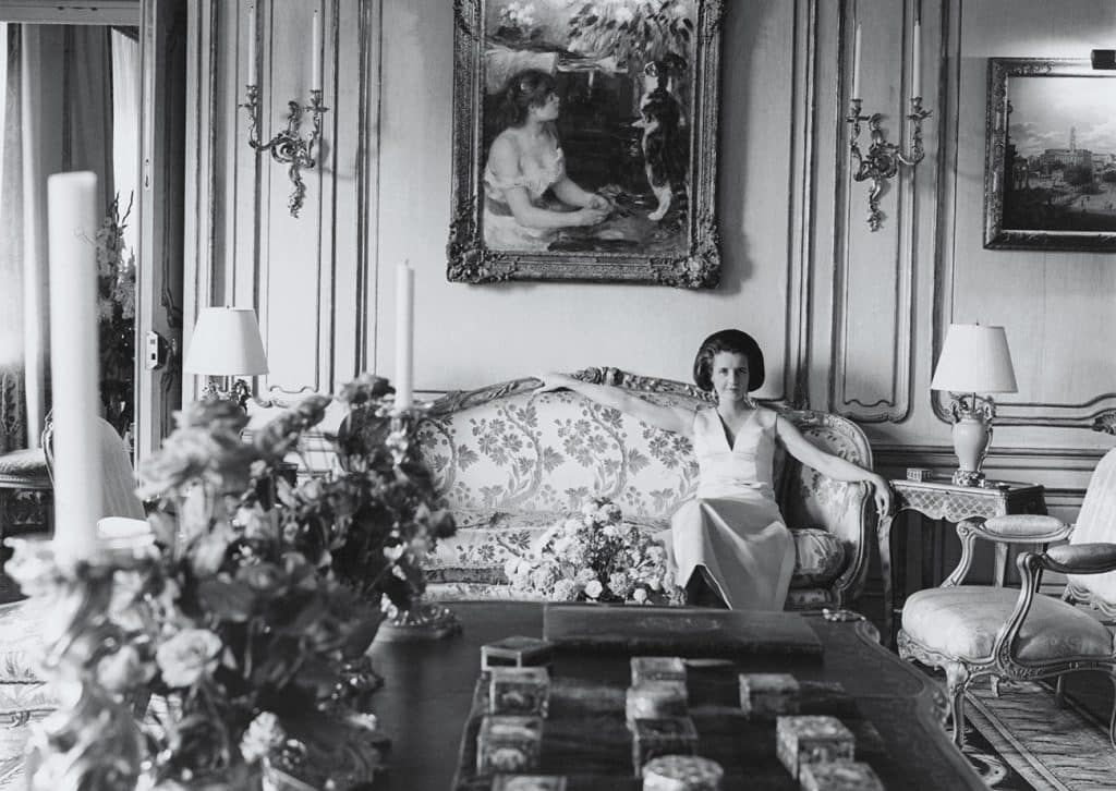 Jayne Wrightsman surrounded by her fine French furniture and art in her New York apartment.