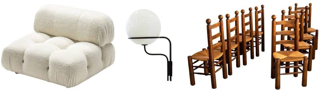 Mario Bellini Camaleonda elements; Ico Parisi Mod. No. 256 wall lights for Arteluce; Charles Dudouyt dining chairs