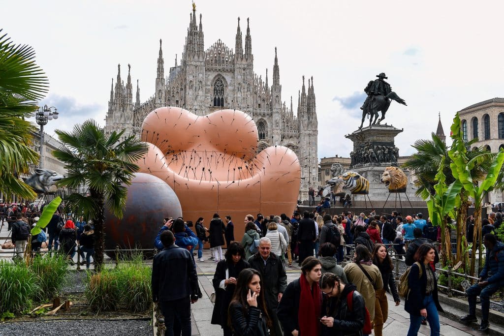 Gaetano Pesce's 26-foot sculpture Maestà Sofferente (Suffering Majesty) in Piazza del Duomo.