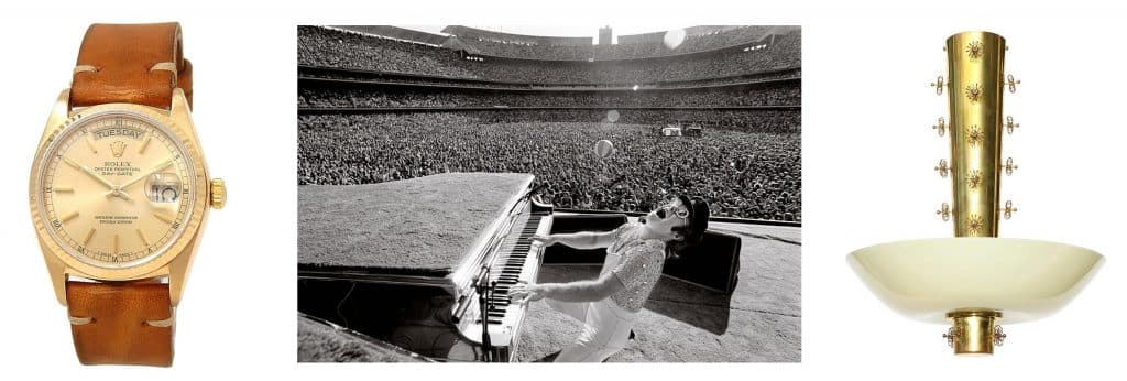 Rolex Day-Date 5 Serial Automatic Men's Watch 18038; Elton John at Dodger Stadium, 1975, by Terry O'Neill; Paavo Tynell Chandelier