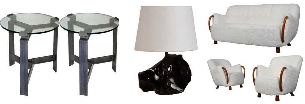 Pair of bronzed iron end tables; obsidian stone lamp with parchment shade