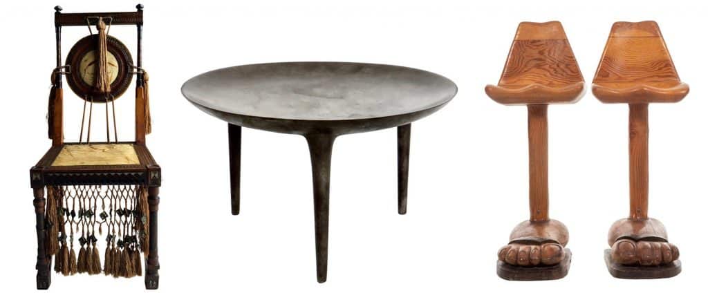 Carlo Bugatti walnut and copper side chair; Rick Owens cast bronze low brazier side table Nitrate Patina; American Craft foot stools