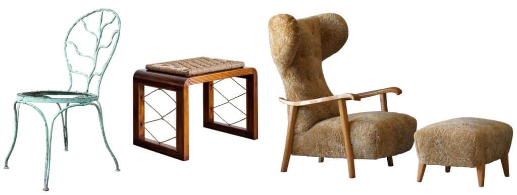 Alberto Giacometti for Jean Michel Frank wrought iron garden chair; Pair of Jean Royere-style stools; Renzo Zavanella-attributed lounge chair and ottoman