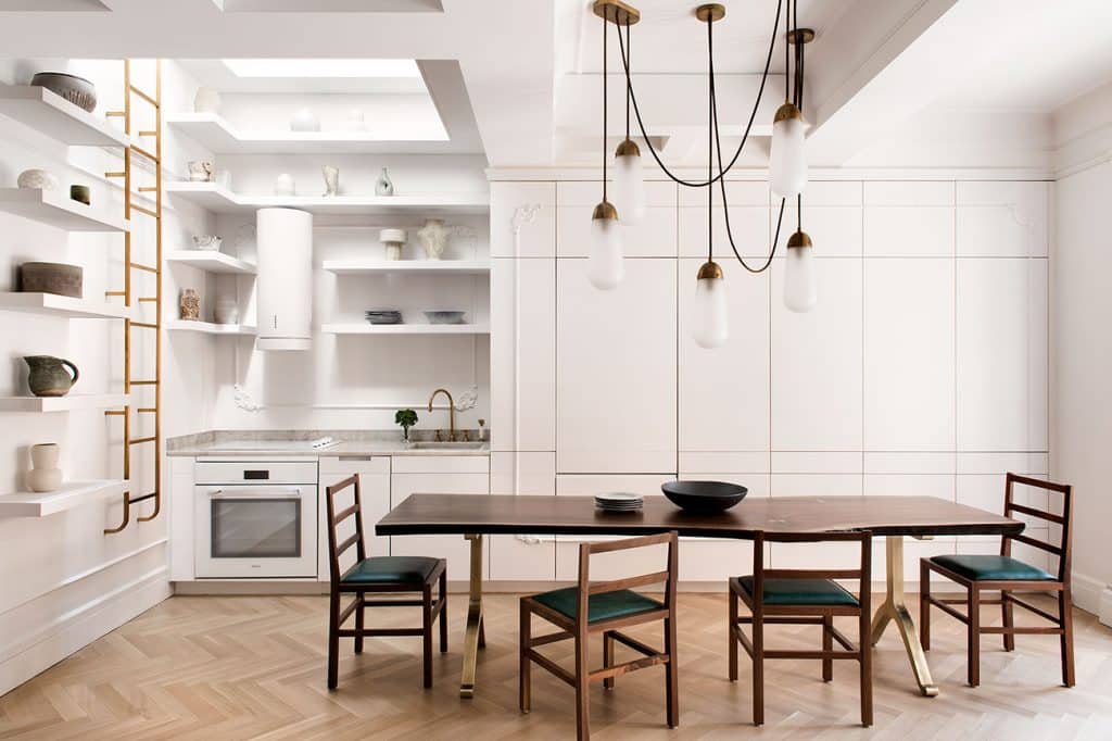 Gramercy Design Kyle O'Donnell Upper West Side New York City attic apartment Anne Hathaway kitchen and dining area