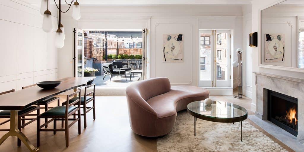 Gramercy Design Kyle O'Donnell Upper West Side New York City attic apartment Anne Hathaway living and dining area