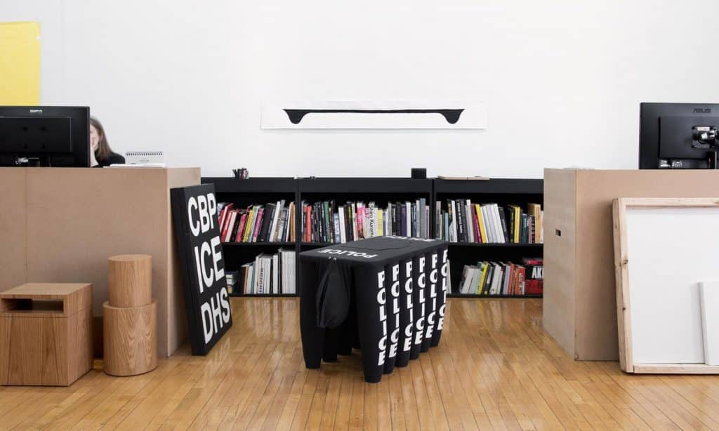 In the center of this workspace is one of Material Lust's famed ML190011 coffee tables (2019); on far the left is an Orphan Work Contemporary 101C side table in oak (2019).