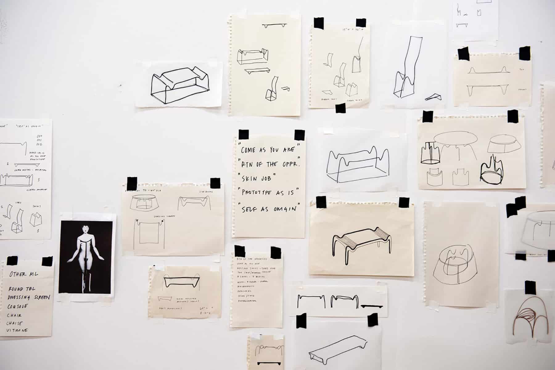 Sketches of Material Lust's ML19001 chair (2019) and  ML19002 bench (2019), covered in removable latex sheathes.