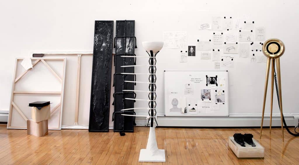 Material Lust's ML19003 shelves (2019), Opioid Painting I (2017), ML190010 floor lamp (2019), ML190012 sculpture (2019) and Crepuscle floor lamp (2015).