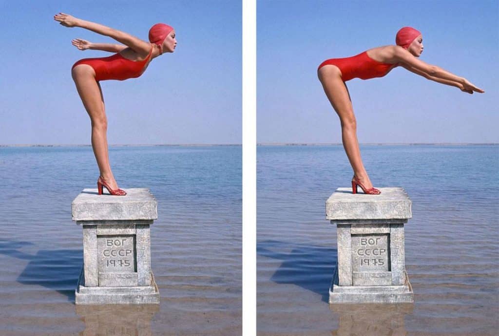 Jerry Hall Dive (Diptych), 1980, by Norman Parkinson