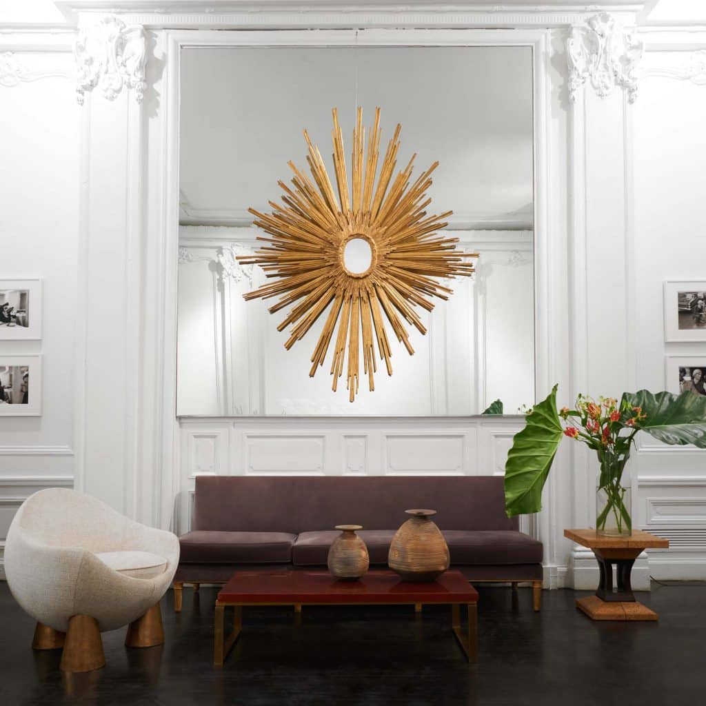 Jacques Adnet Sunburst Wall Mirror (one of a kind, made for Compagnie des Arts Francais) installed at Maison Gerard at The Elizabeth Collective, 2019