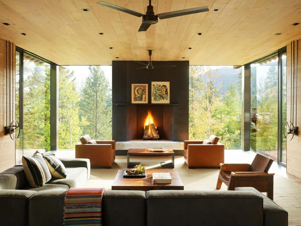 Architect Tom Kundig Olson Kundig Jackson Hole Teton House living room winches shutters