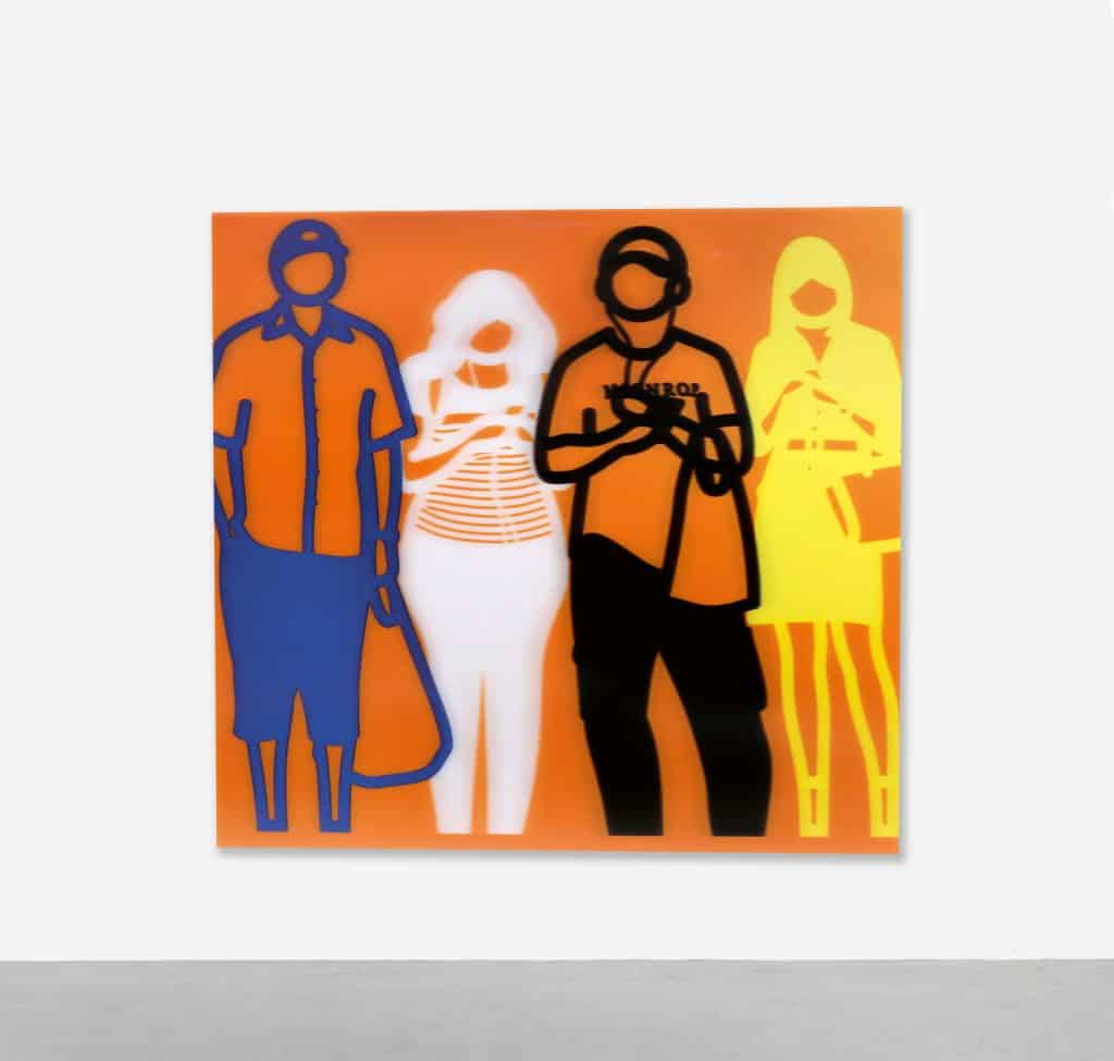 Standing People (Blue, White, Black, Yellow), 2019, by Julian Opie, presented by Vertu Fine Art