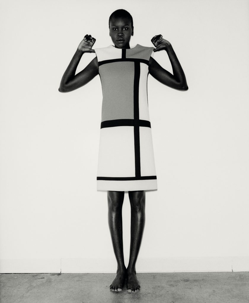 Model Alek Wek wears Saint Laurent's Mondrian dress from his Autumn 1965 haute couture collection.