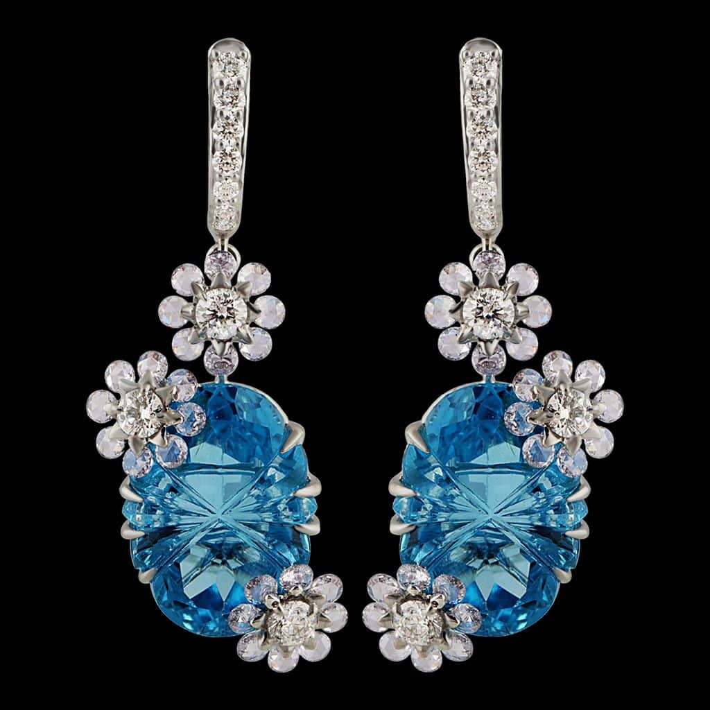 Studio Reves Diamond with Blue Topaz Floral Dangling Earrings in 18 Karat Gold