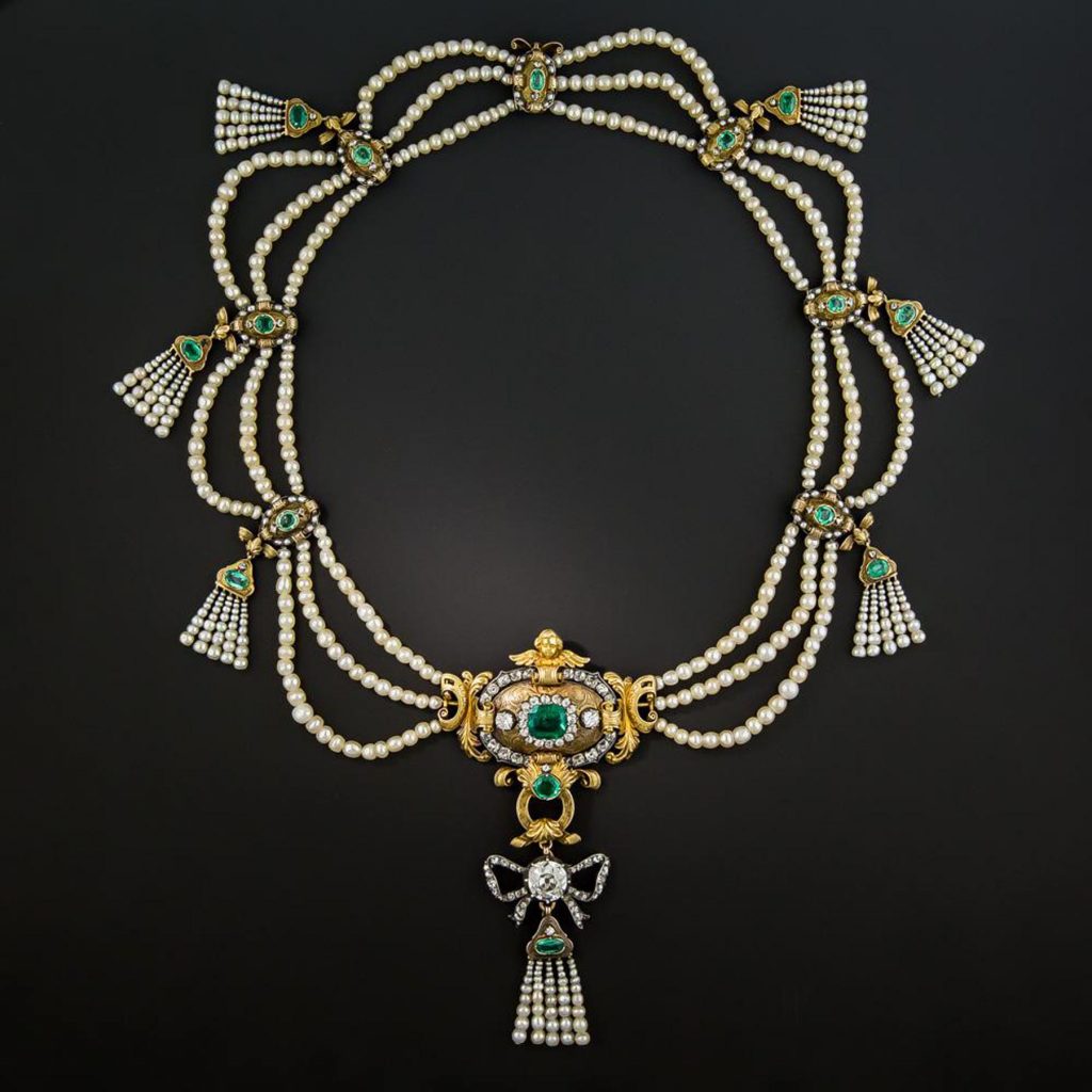 An emerald, diamond and pearl necklace thought to have been commissioned by King Ferdinand VII of Spain