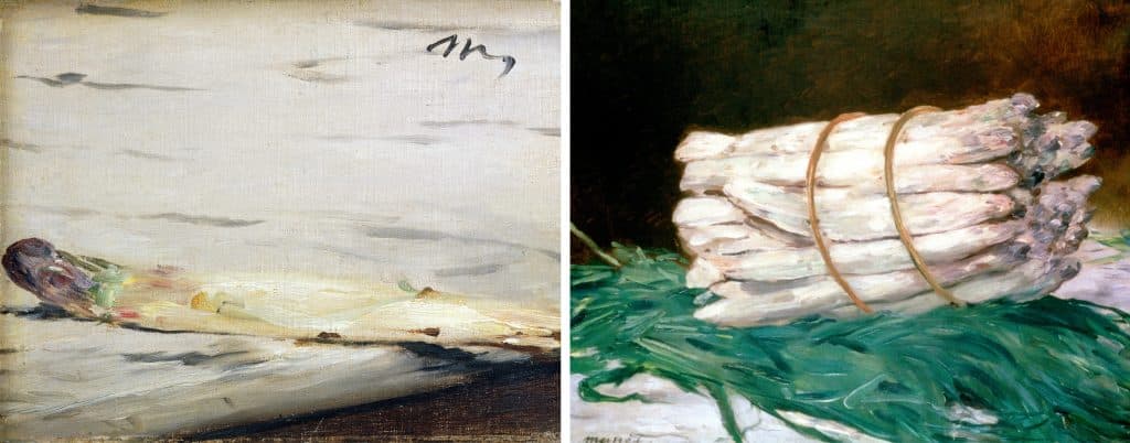 The paintings A Sprig of Asparagus, left, and A Bundle of Asparagus, right, by Edouard Manet