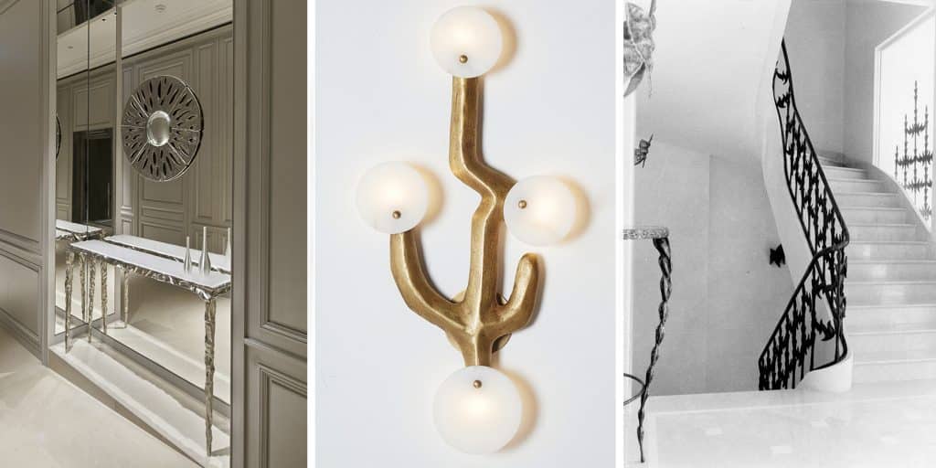 From left: a Franck Evennou mirror at a Dior boutique in Singapore; his Cactus sconce; and a railing he created for a hotel in Neuilly, France