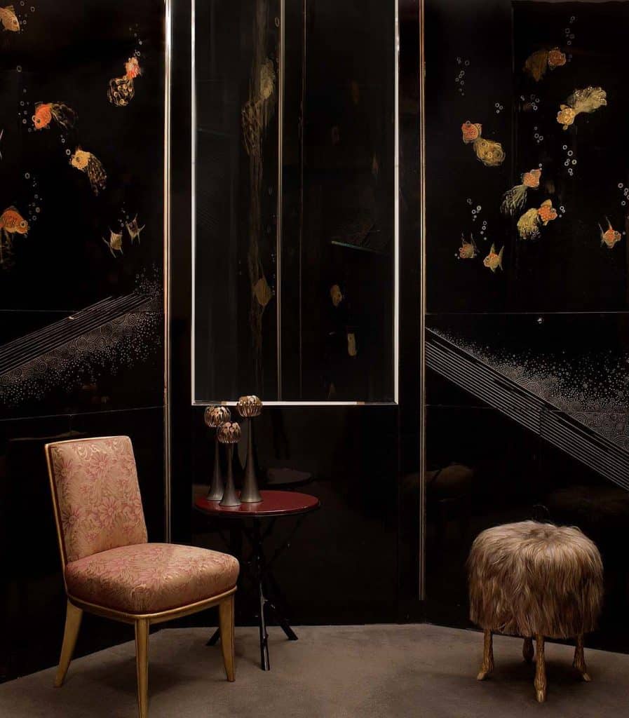 Lacquered panels by Jean Dunand, decorated with a Japanese goldfish motif 