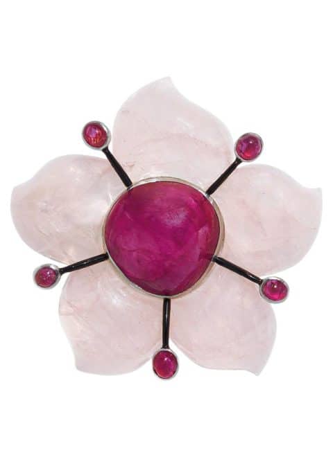 A circa-1936 Suzanne Belperron ruby and rose quartz Fleur brooch offered by Siegelson