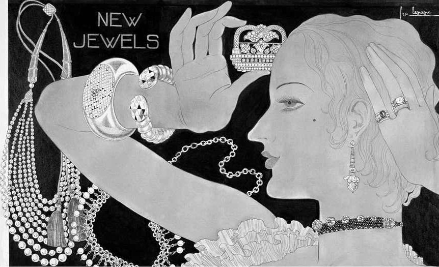 A 1933 illustration for Vogue showing a René Boivin diamond-pavé cuff offered by Siegelson