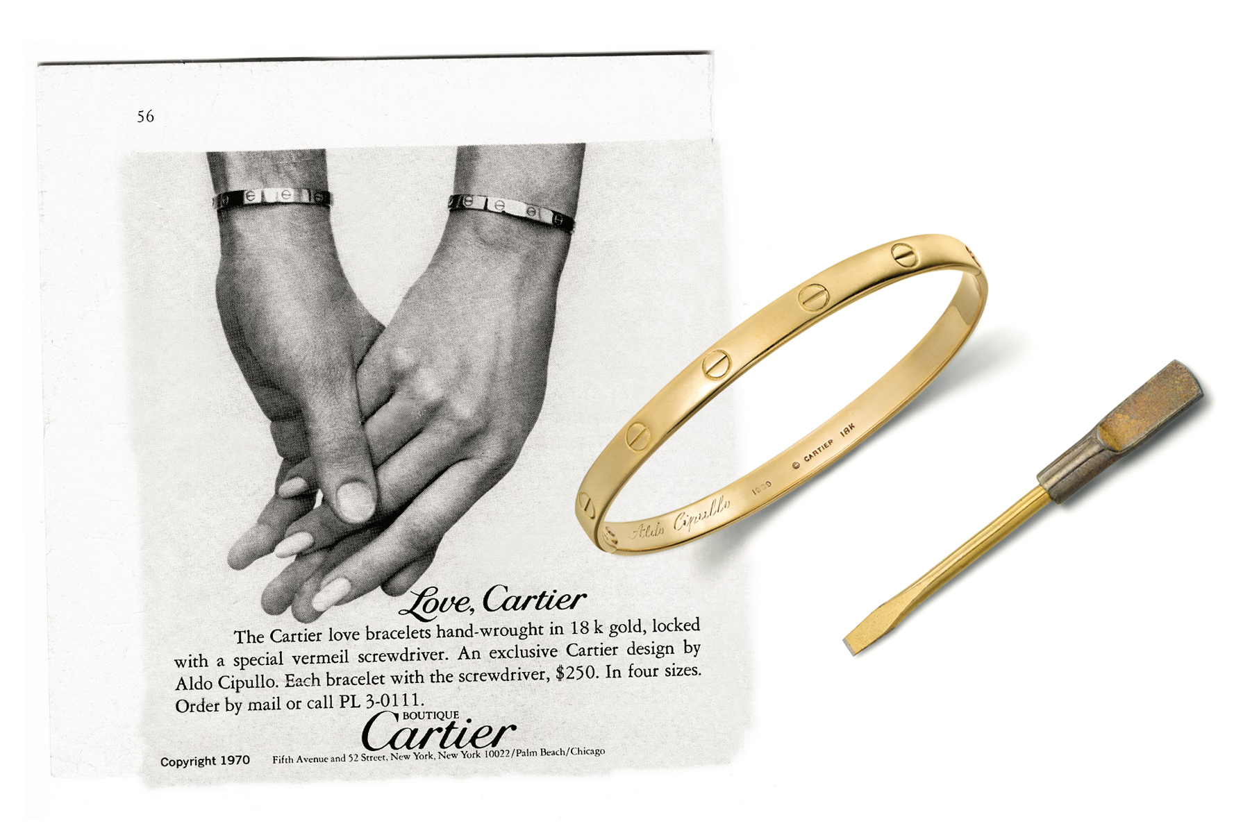 Left: A 1970 ad for the Cartier Love bracelet highlights its unisex appeal. Right: One of the first examples made belonged to the company's president at the time, Michael Thomas.