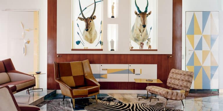 Two antelope heads mounted in the study at Villa Planchart, as seen in the book Gio Ponti, offered by Taschen