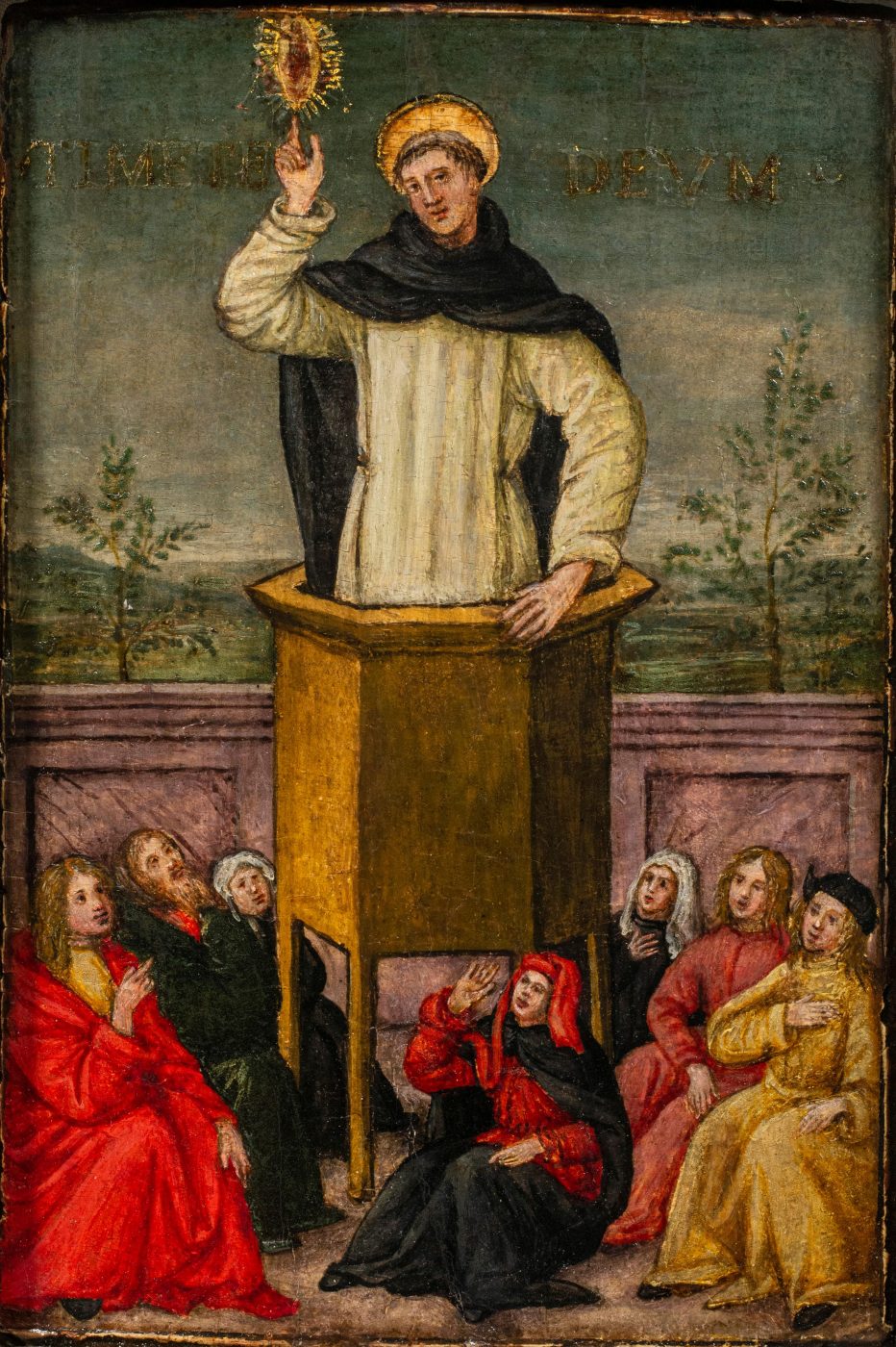 Saint Vincent Ferrer Preaching to the People of Salamanca, ca. 1500, by the Master of Montespertoli, offered by Robert Simon Fine Art