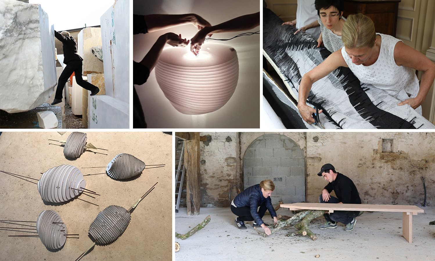 A collage of images of YMER&MALTA founder Valérie Maltaverne working with marble, lighting, tapestry and tree branches