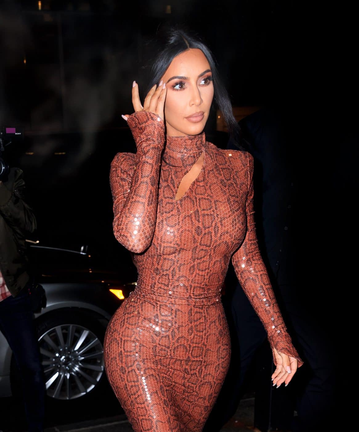 Kim Kardashian West in a python-print Thierry Mugler dress from Marilyn Glass