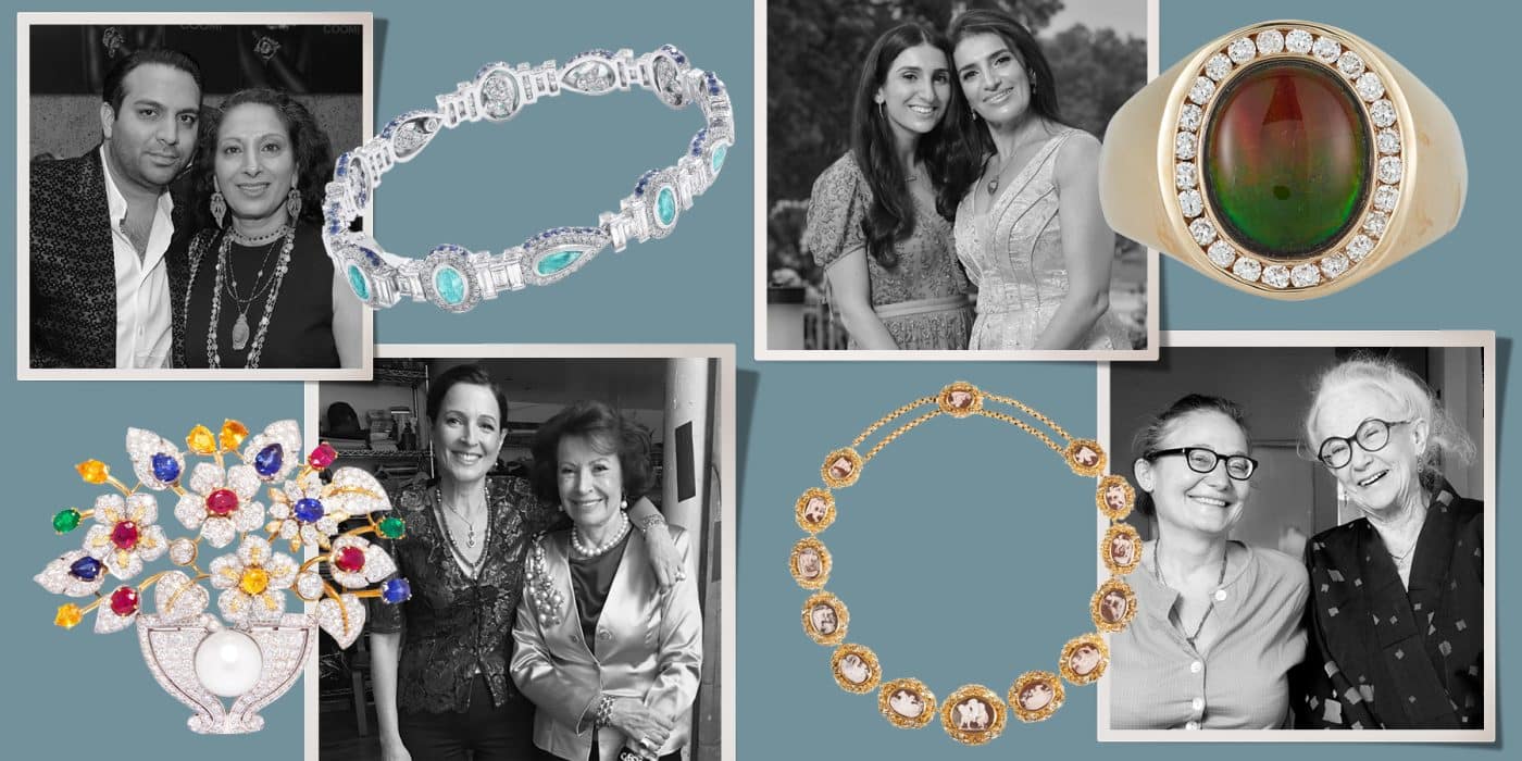 Four black-and-white photos of jewelry-industry moms and their children, arranged in a collage with jewels offered by each of their companies