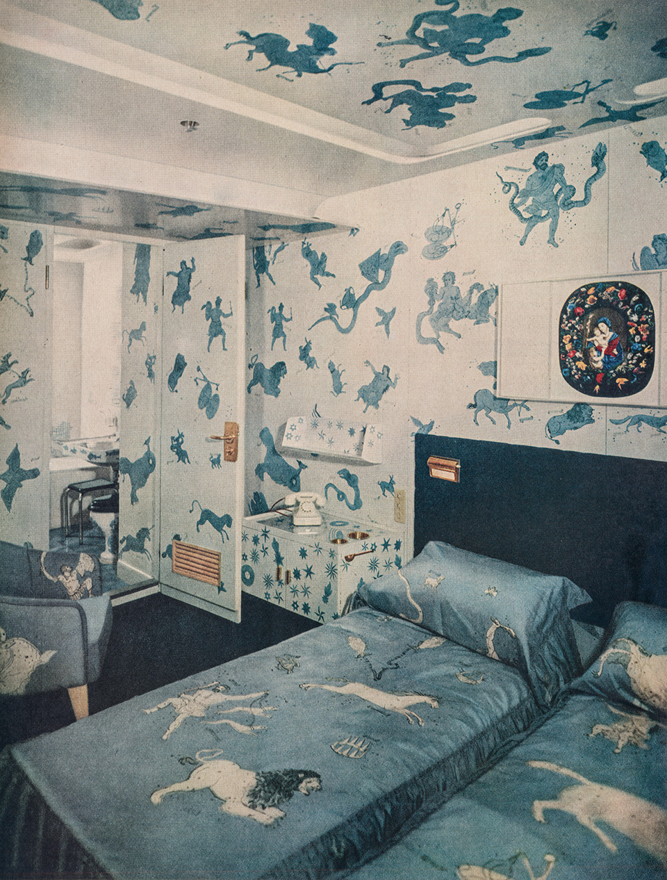 An image from a promotional brochure for the Andrea Doria showing the ship's Zodiac Suite, as seen in the book Gio Ponti, offered by Taschen