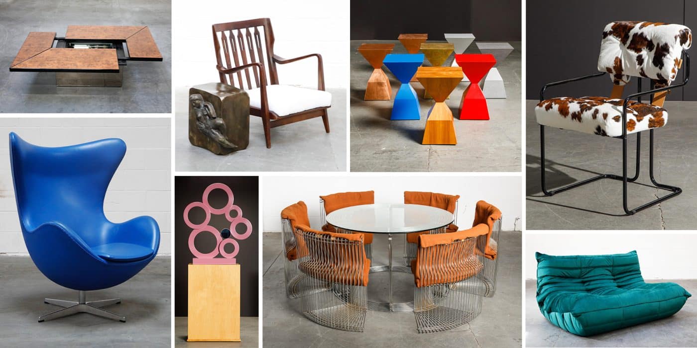 Pieces by, clockwise from top left, Paul Michel, Philip and Kelvin LaVerne, Stewart MacDougall (tables and sculpture), Guido Faleschini, Michel Ducaroy, Verner Panton and Arne Jacobson, offered by Automaton