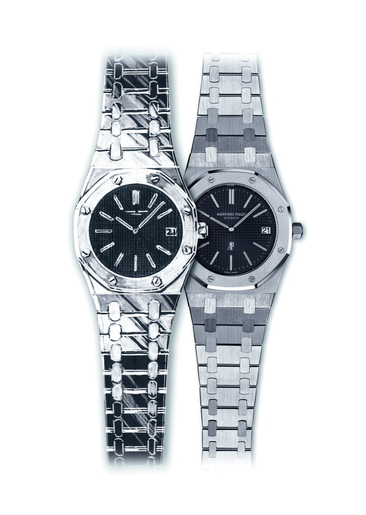 Watch designer Gérald Genta's 1970 drawing for the Audemars Piguet Royal Oak next to a picture of the finished product