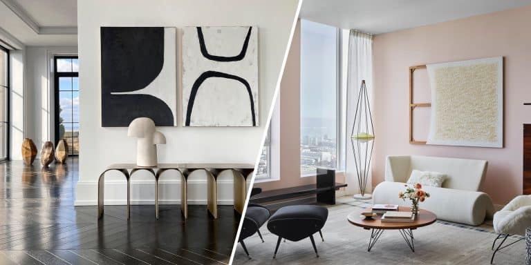 Galerie Philia's staged apartment in Walker Tower in New York, at left, and Gabriel & Guillaume's space at Fifteen Fifty, a residential skyscraper in San Francisco, at right