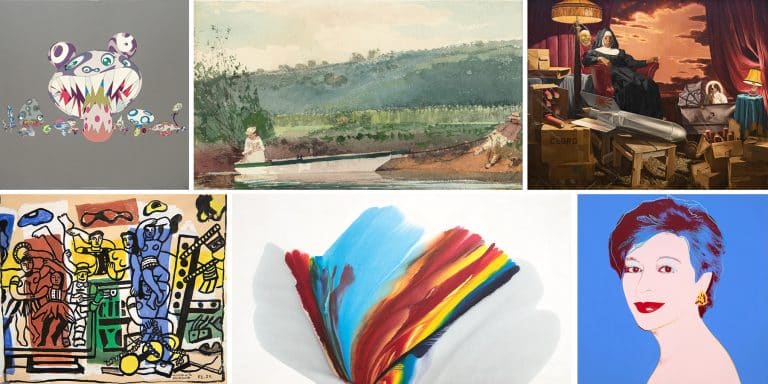 A selection or works offered by Heather James Fine Art and created by, clockwise from top left, Takashi Murakami, Winslow Homer, Donald Roller Wilson, Andy Warhol, Paul Jenkins and Fernand Léger