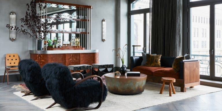 The bar area of a downtown New York penthouse designed by Whitney Parris-Lamb (left) and Amanda Jesse of Brooklyn-based firm JESSE PARRIS-LAMB