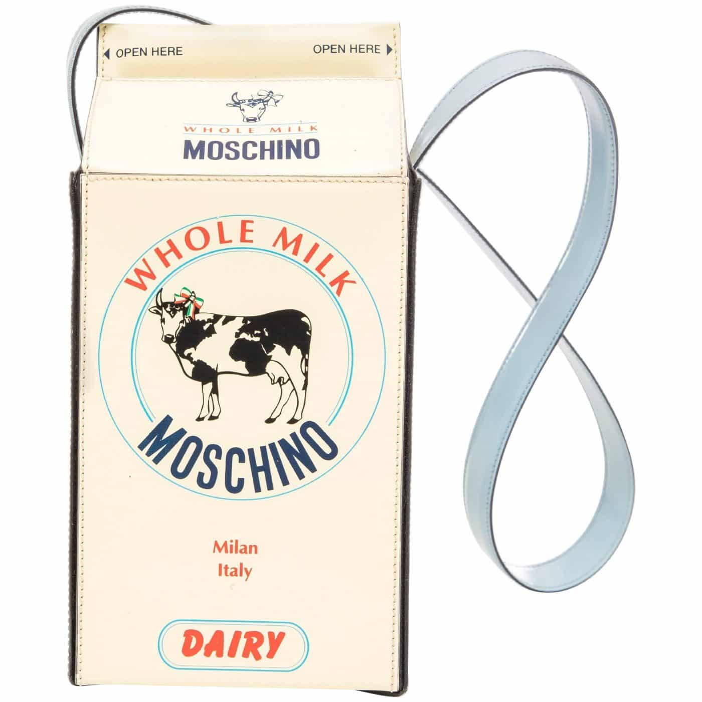 A Moschino handbag shaped and decorated like a milk carton, offered by Evolution