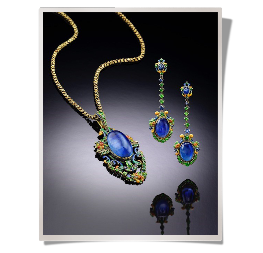 Louis Comfort Tiffany–designed cabochon-sapphire and enamel earrings and a matching necklace, now in Neil Lane's personal jewelry collection