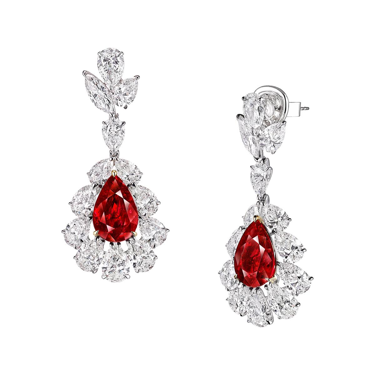 GRS Certified 22.2 Carat Burmese Pigeons Blood Ruby Earrings in 18K Gold