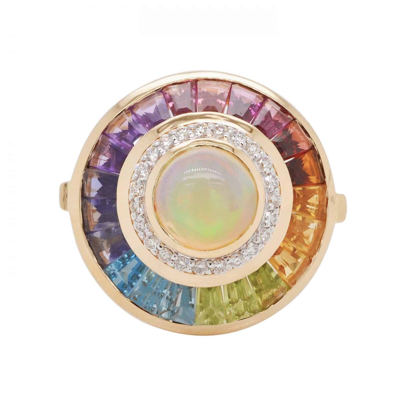 18k Gold Ethiopian White Opal Multicolour Rainbow Baguette Circular Diamond Ring