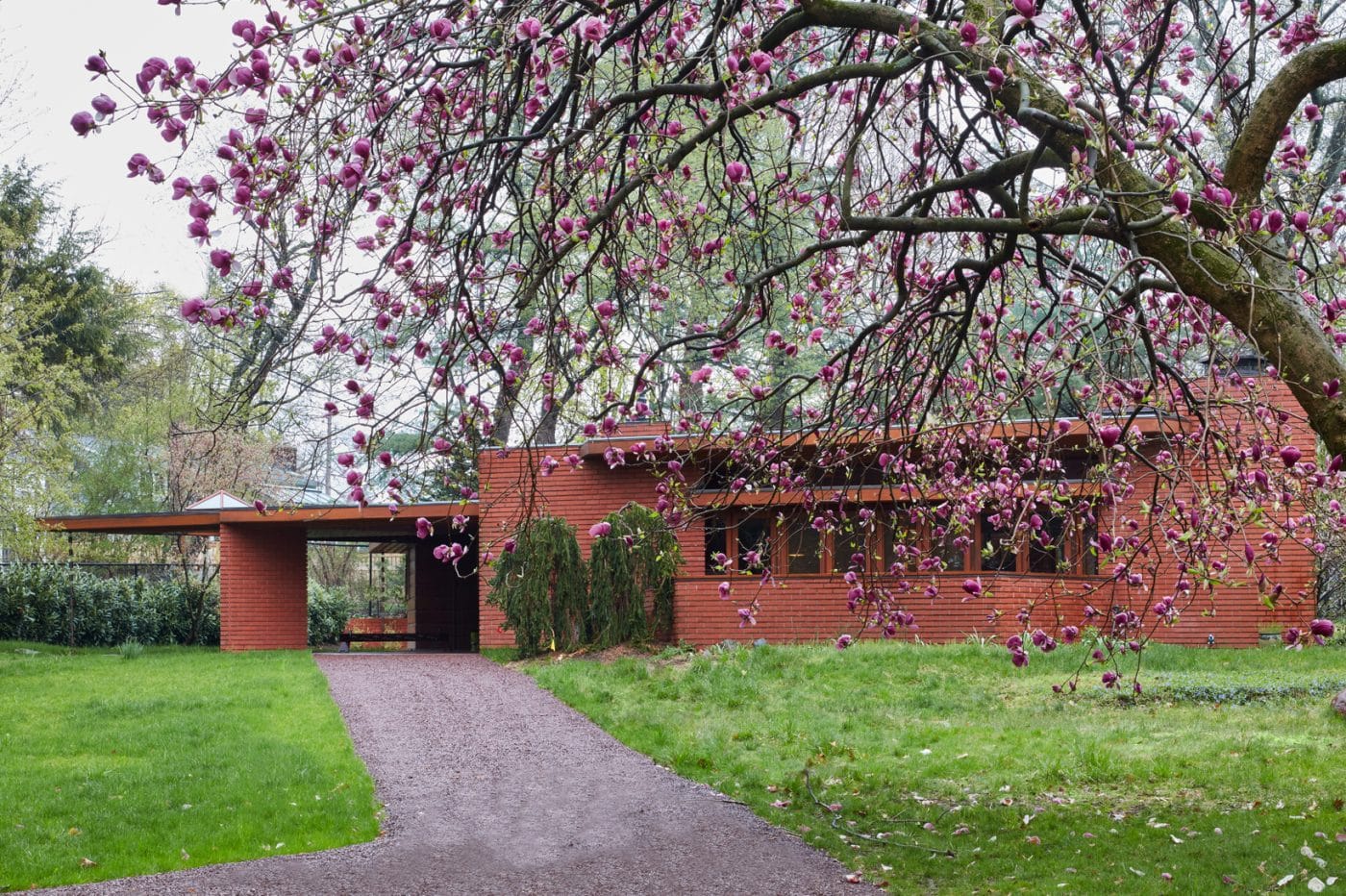 The red-brick exterior of Todd Levin's Frank Lloyd Wight Usonian home, Stuart Richardson House (1941)