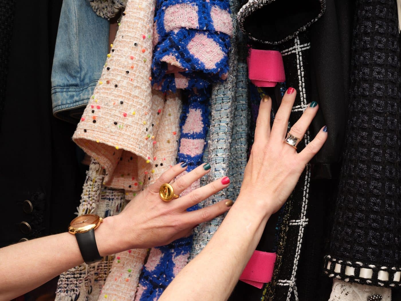 Sharon Coplan Hurwitz touches ensembles from various Chanel ready-to-wear collections.
