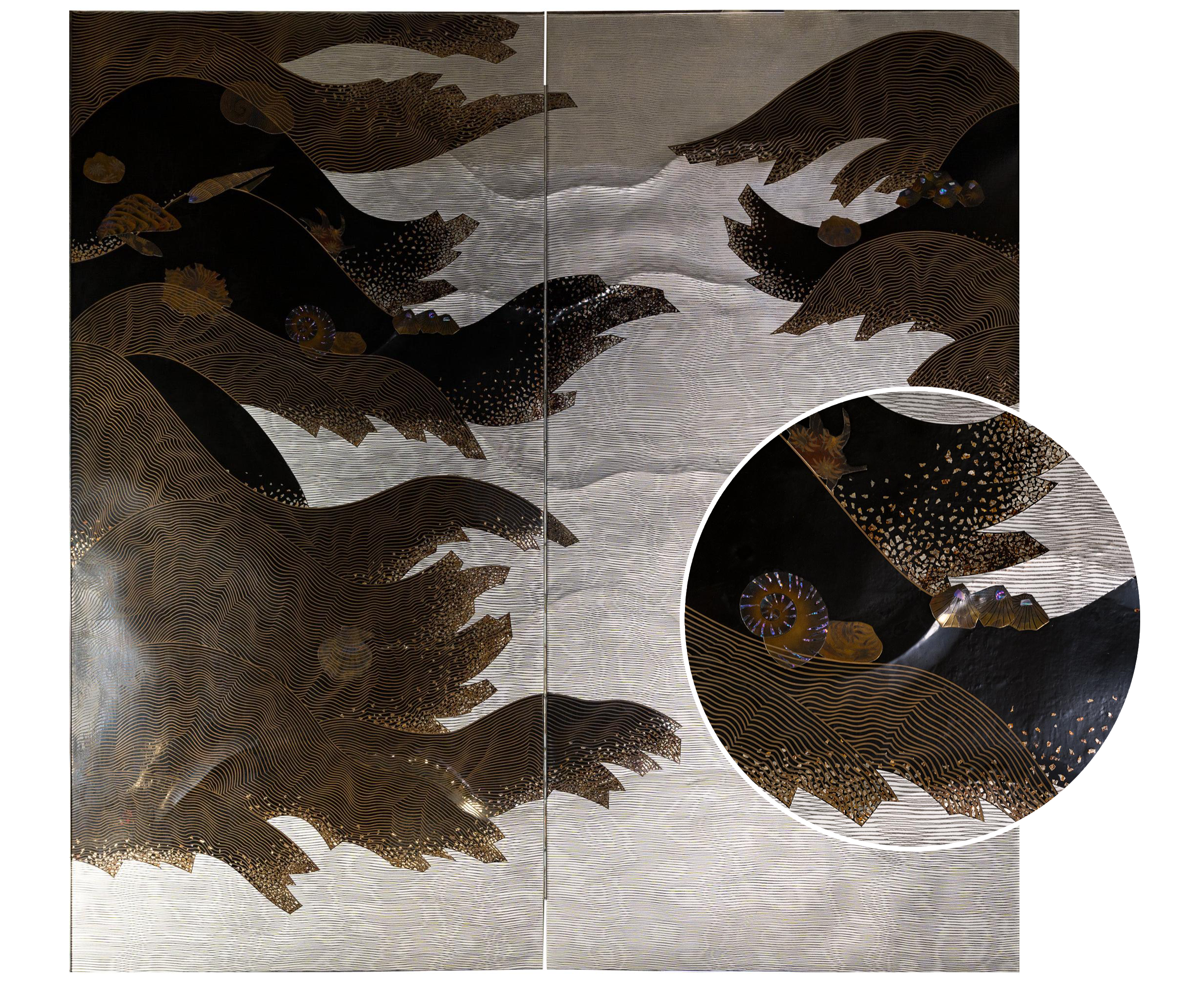 Japanese Two Panel Lacquer Screen: under the Waves with Flowing Kelp and Seashel